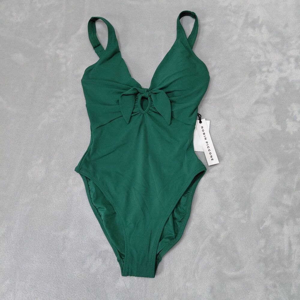 NWT Robin Piccone Ava Plunge Neck Underwire One-Piece Malachite Green Sz 2